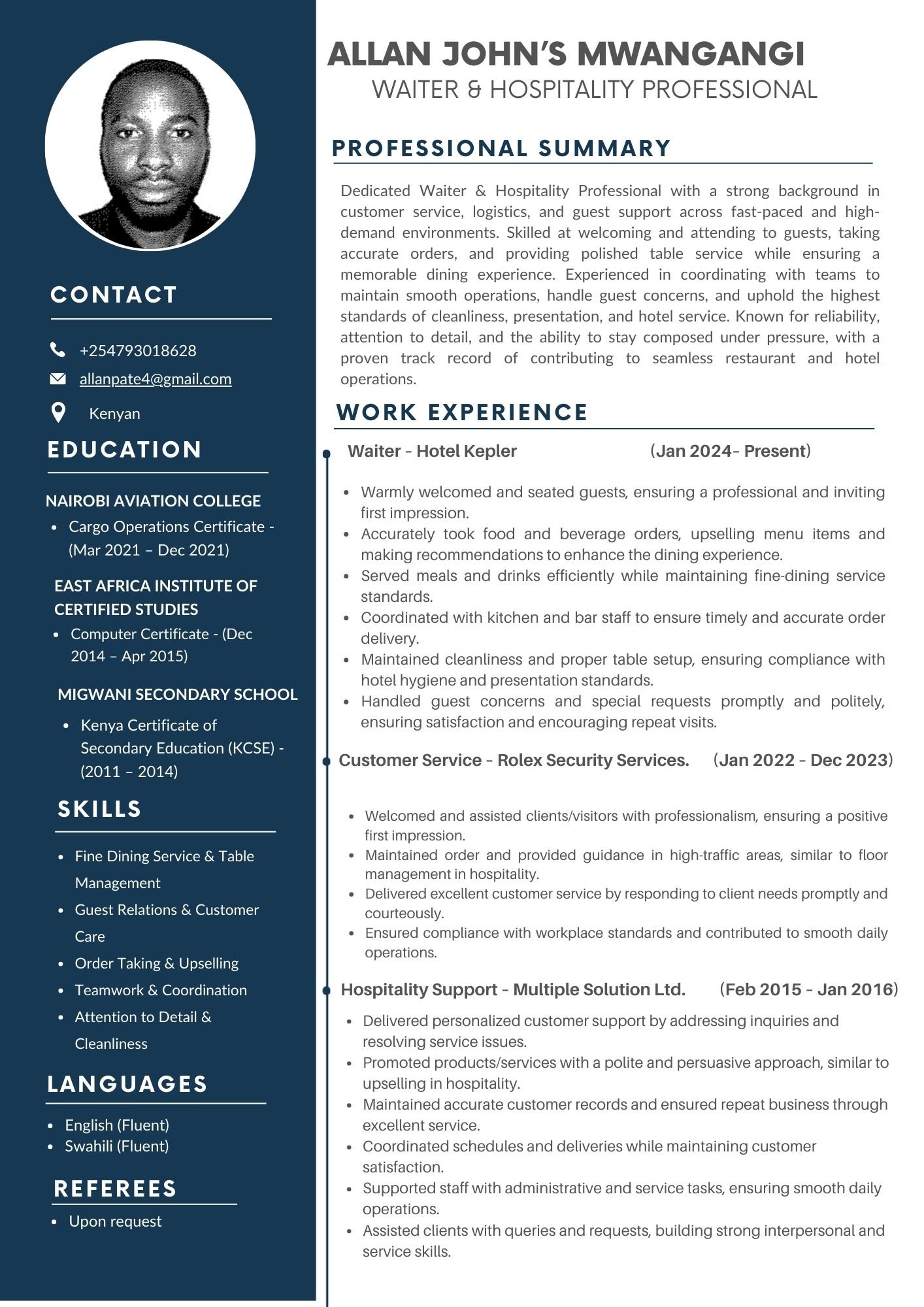 Waiter & Hospitality Professional ATS Compliance CV & Cover Letter