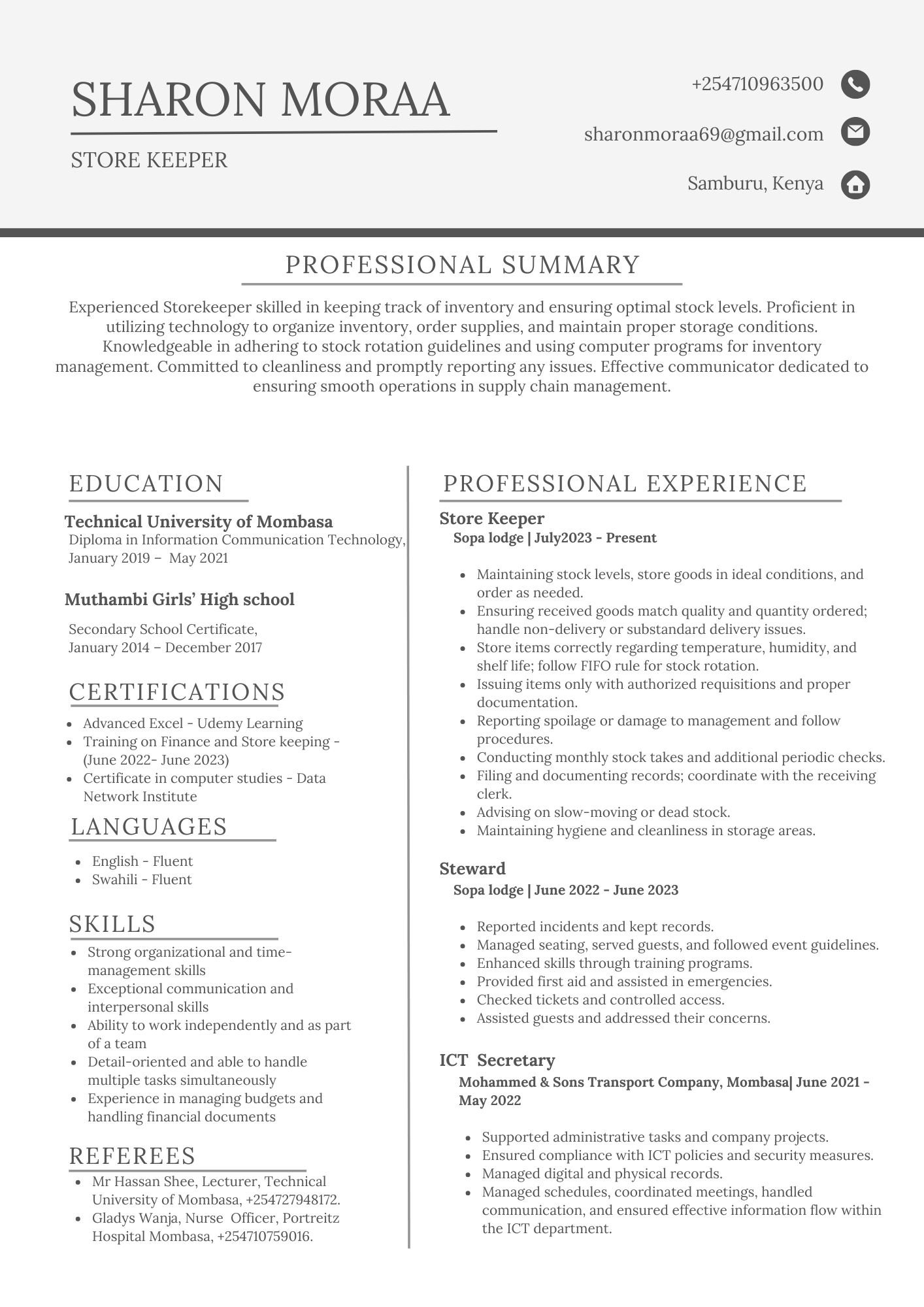 Store Keeper Professional ATS Compliance CV & Cover Letter