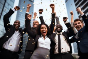 Celebration in office party diverse employees men women colleagues having fun meeting smiling festivity corporate event businessman teamwork confetti celebrating business achievements cooperation. High quality photo